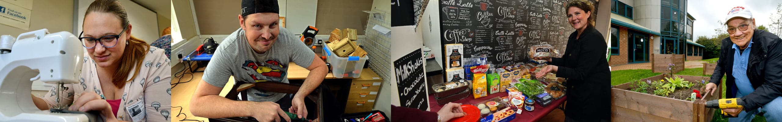 Made in Wigan participants: a woman sewing, a man restoring furniture, a woman at a community food table and a man building raised garden beds