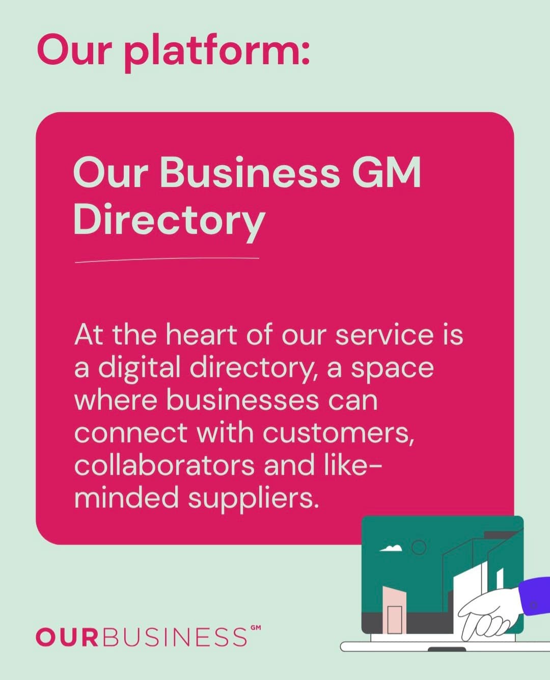 Our Business GM slide 2: “Our platform — the Our Business GM Directory. At the heart of our service is a digital directory, a space where businesses can connect with customers, collaborators and like-minded suppliers.”
