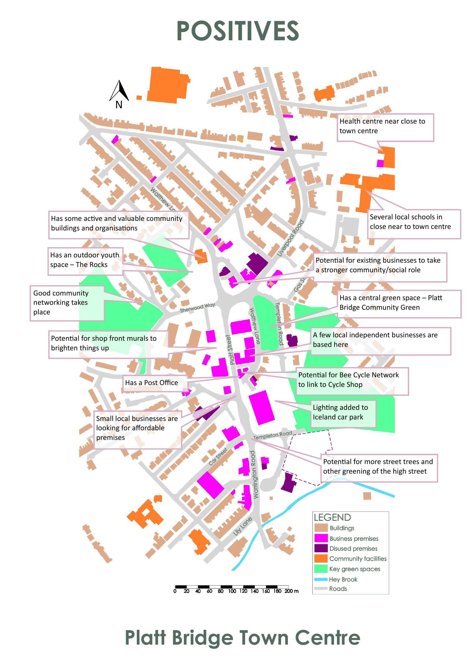 Annotated map of Platt Bridge Town Centre showing positives raised at the first Public Assembly: a health centre and several schools close to the town centre; active and valuable community buildings and organisations; an outdoor youth space, The Rocks; good community networking; a central green space, Platt Bridge Community Green; a few local independent businesses and a Post Office; small businesses looking for affordable premises; lighting added to the Iceland car park; and potential for shop-front murals, a stronger community role for existing businesses, linking the Bee Cycle Network to the cycle shop, and more street trees and greening.