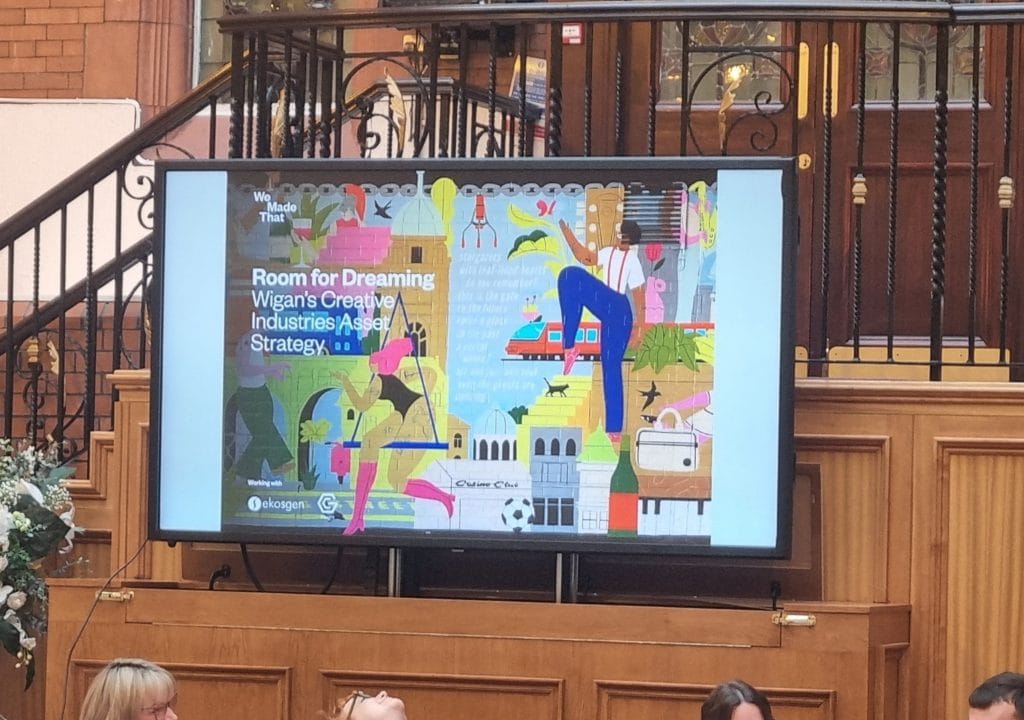 A presentation screen introducing 'Room for Dreaming', Wigan's creative industries asset strategy, with a colourful illustration