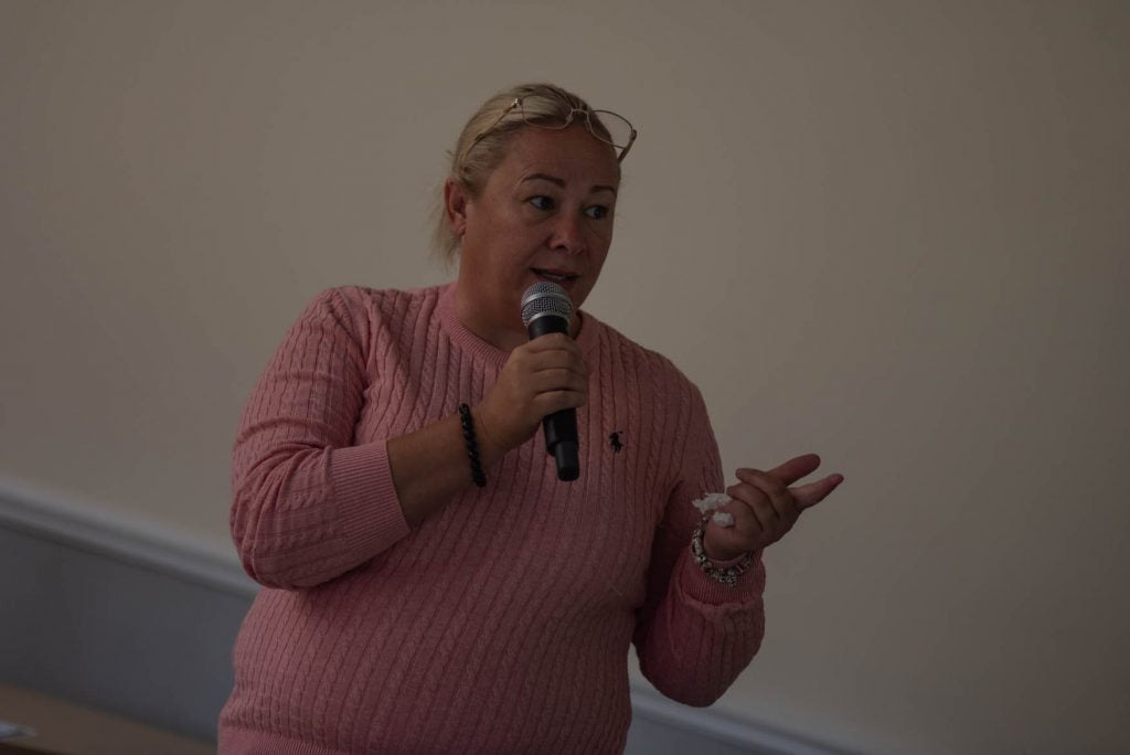 A speaker addressing the room with a microphone at the Proper Good launch event