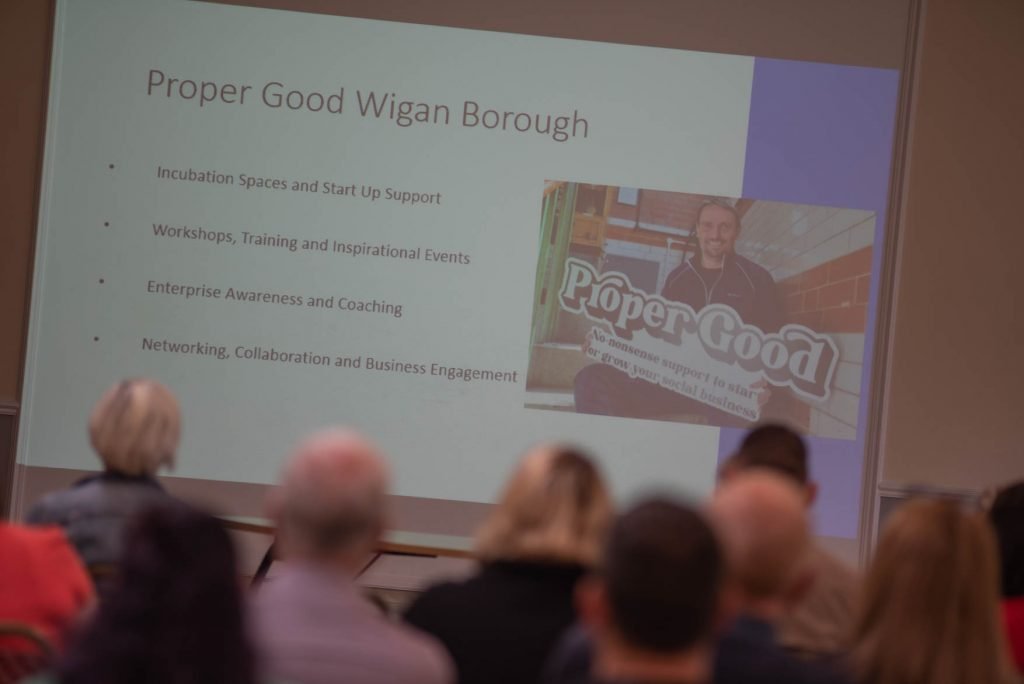 A slide headed 'Proper Good Wigan Borough' listing incubation space, workshops, coaching and networking support