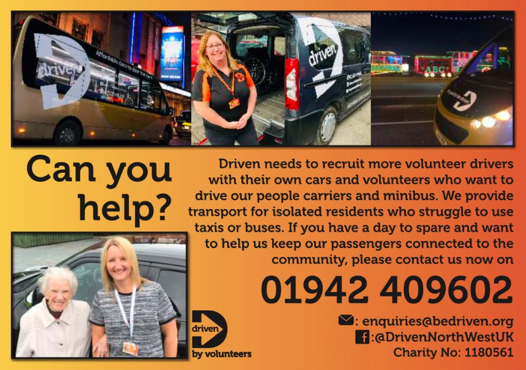 A recruitment flyer for Driven, asking for volunteer drivers to help isolated residents stay connected