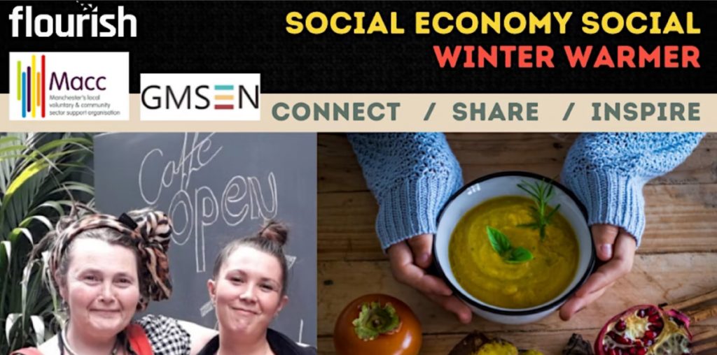 A banner for the Social Economy Social Winter Warmer, with the Flourish, Macc and GMSEN logos