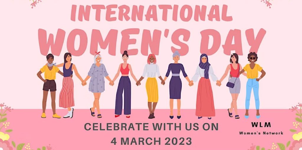 An International Women's Day graphic showing illustrated women holding hands, inviting people to celebrate on 4 March 2023