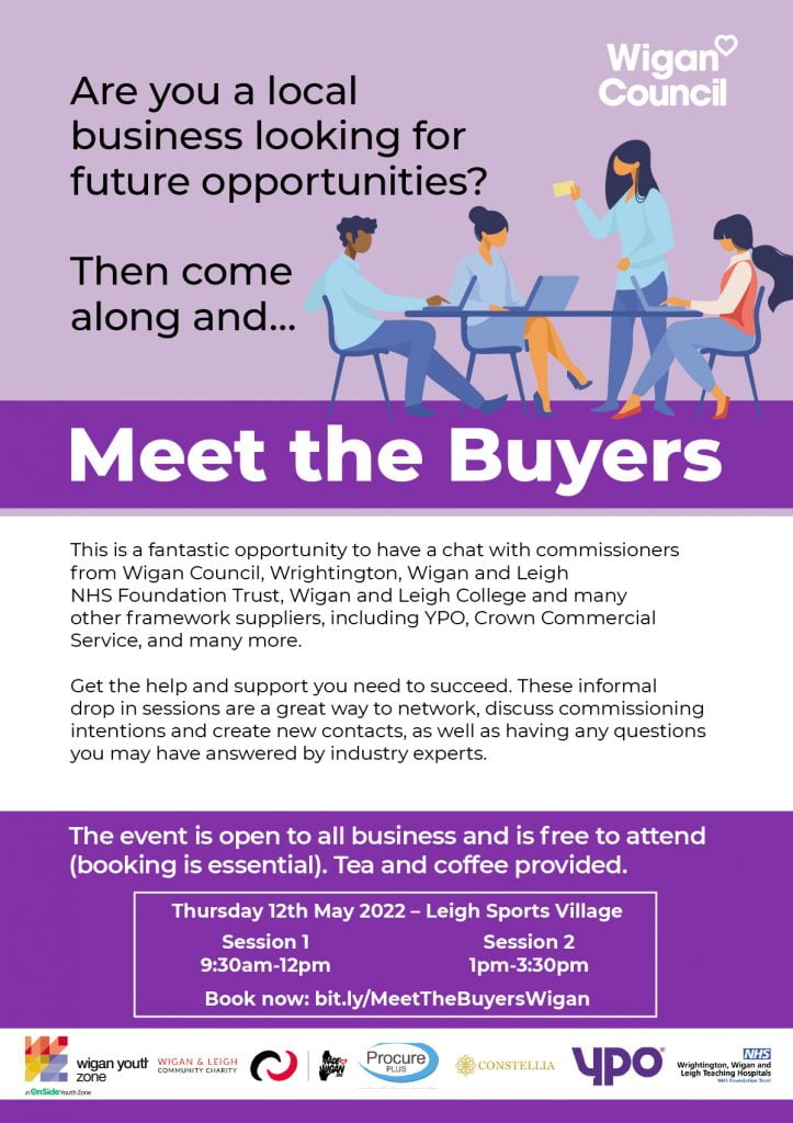 A Wigan Council flyer for a free Meet the Buyers event at Leigh Sports Village, where businesses can meet commissioners