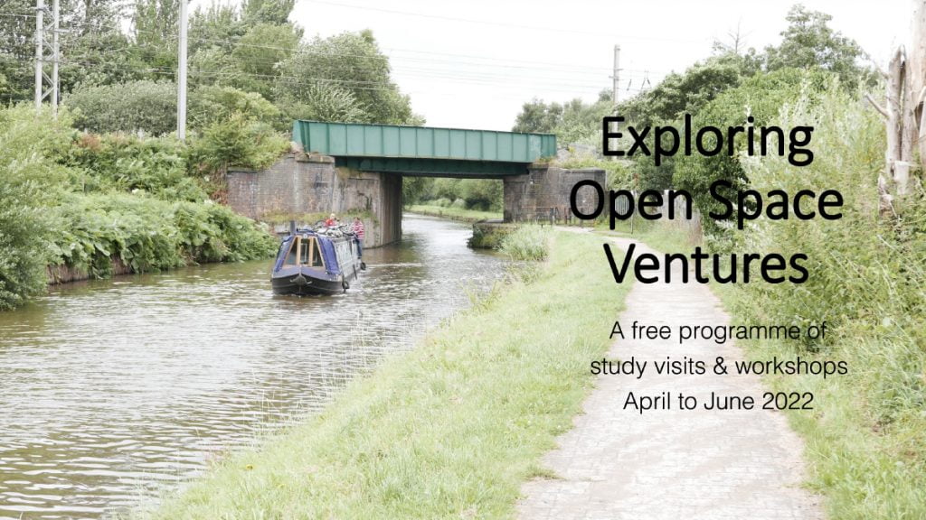 A narrowboat on the canal beside a towpath, promoting Exploring Open Space Ventures, a free programme of study visits and workshops