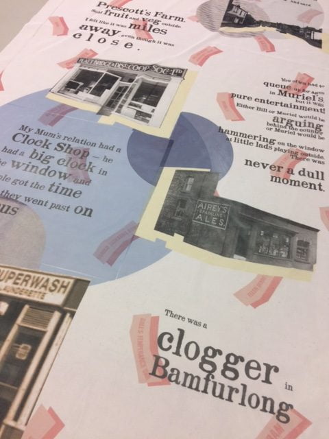 A close-up of the Abram Ward artwork, collaging residents' memories of local shops with archive photographs