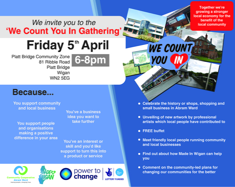 An invitation to the We Count You In Gathering at Platt Bridge Community Zone, listing the evening's activities